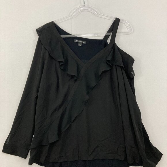 New INC International Concepts size 0X Black Ruffle Cold Shoulder Feminine Top - Picture 1 of 9